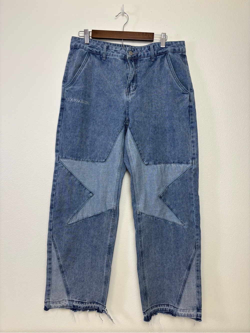 ROMWE Men's Two-Tone Blue Star Patch Relaxed Fit Jeans